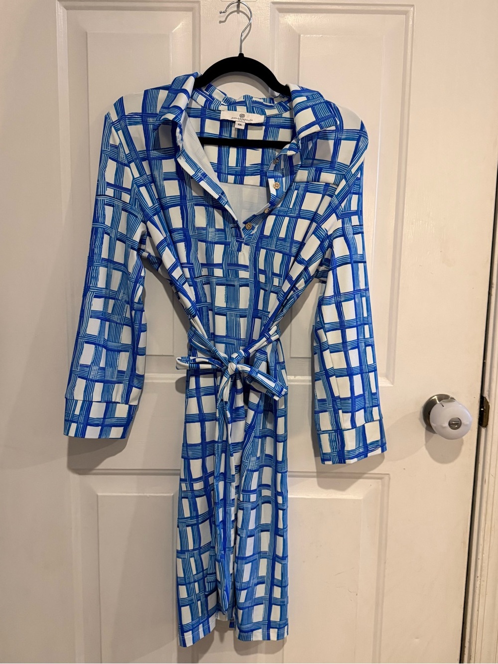 Jean Pierre Klifa Paris Blue & White Plaid Shirt Dress with Tie Waist